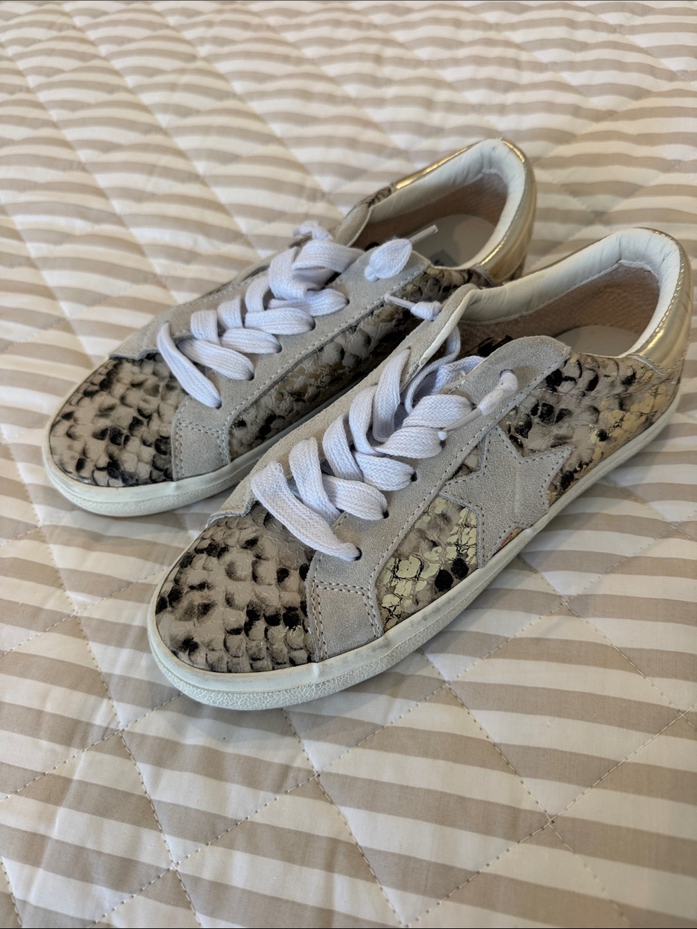 NWOT….Steve Madden Women's Snake-Print Low Top Sneakers - White, Beige, Gold